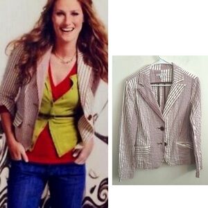 Cabi Women's Blazer Jacket Captains Fitted Red White Stripe Career Size 10